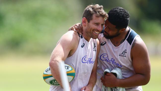 GOLD COAST, AUSTRALIA – SEPTEMBER 01: Bernard Foley and Folau Fainga'a during an Australia Wallabies training session at Sanctuary Cove on September 01, 2022 in Gold Coast, Australia. (Photo by Chris Hyde/Getty Images)