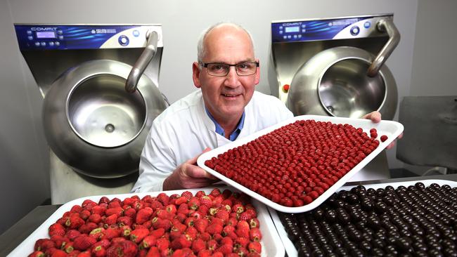 Eccentric Chocolatier Malcolm Ryan owner operator of Rhuby who has patented a new balling technique or the production of fruit and vegetable chocolate confectionary at Latrobe . PICTURE CHRIS KIDD