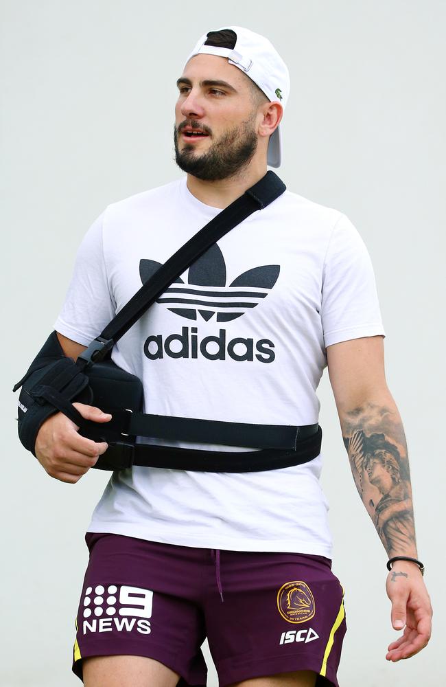 Jack Bird looks on at Broncos training following shoulder surgery. Picture: Liam Kidston