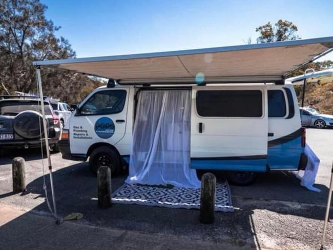 FOR COURIER MAIL USE ONLY: Susan George and Dwayne Drummond, both now 59, were forced to live in this modified van for 18 months after being pushed out of affordable rental housing on North Stradbroke Island thanks to the number of homes being turned into Airbnb's -  in recent years. Picture: Supplied,