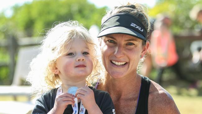 Nixon Nelson, 2, from Newport after completing the 6km run in a buggy with his mum Reegan Ellis, a past three-time winner of the women’s 13km run, in 2017. Picture: Julian Andrews