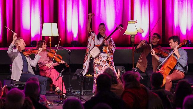 Japanese shamisen player Noriko Tadano performs with the Australian String Quartet at Waterside Workers Hall, Port Adelaide. Picture: Supplied by ASQ