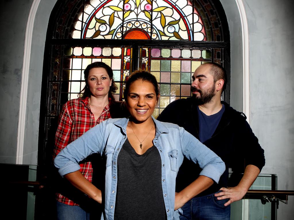 Broken - A play at Darlinghurst Theatre L-R, Actors, Sarah Enright, Rarriwuy Hick and Ivan Donato. Picture: Chris Pavlich