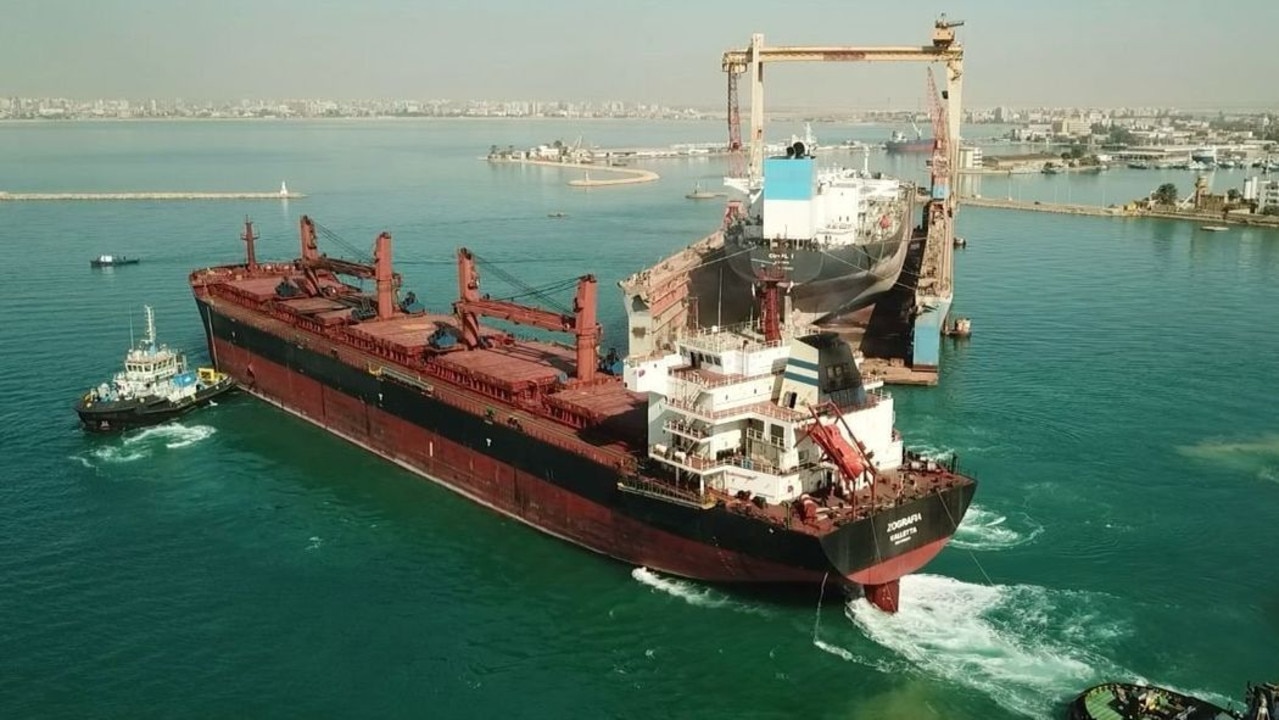 Bulk carrier Zografia prepares to undergo repairs in Egypt after a Houthi missile attack damaged the vessel while it sailed in the southern Red Sea. Picture: Suez Canal Authority Office