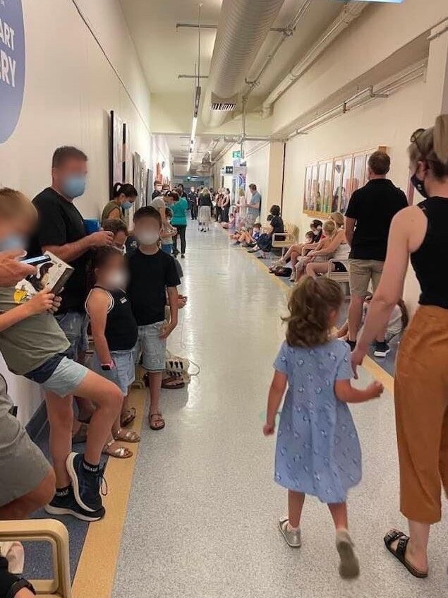 Families line up with their children at the Women's and Children's Hospital on Monday morning for the first day of Covid-19 vaccinations for kids aged 5-11. Picture: Supplied