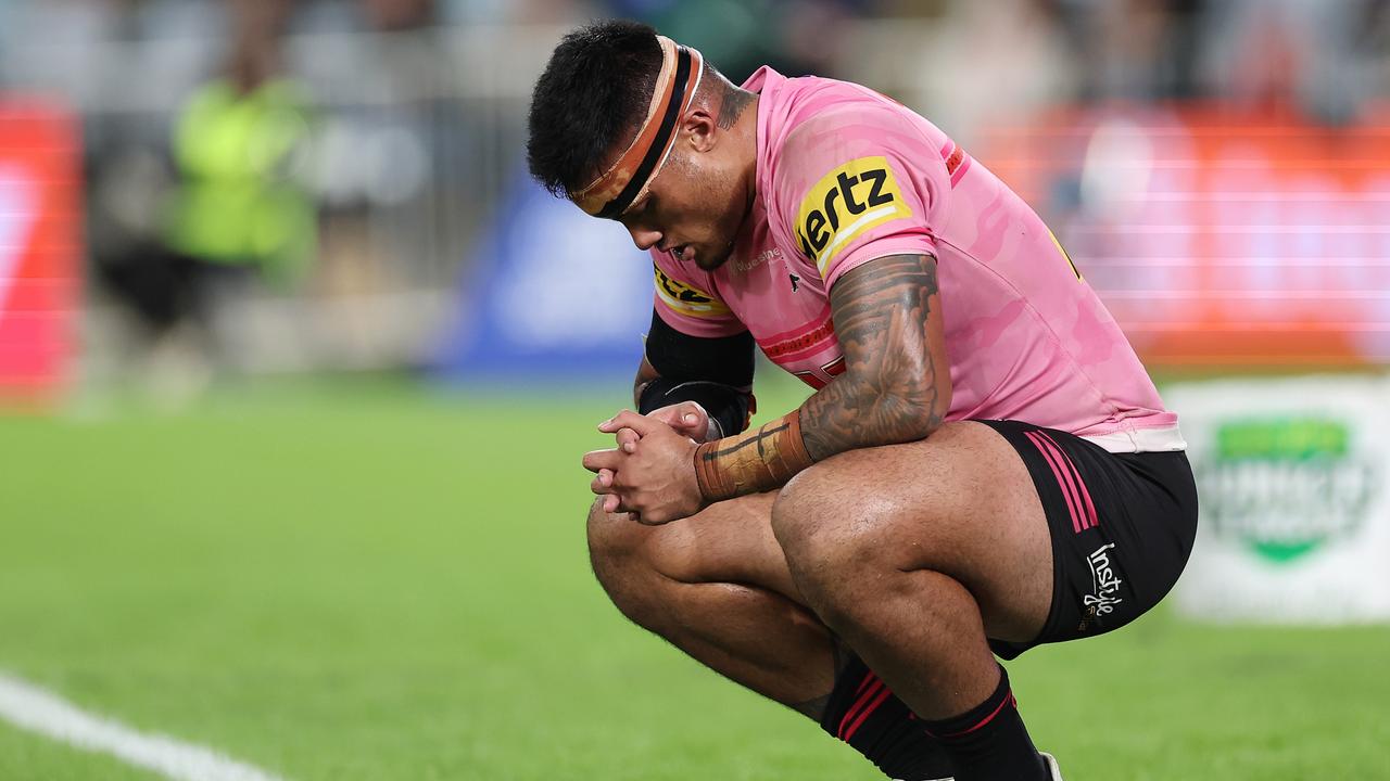 SYDNEY, AUSTRALIA - APRIL 20: Spencer Leniu of the Panthers reacts during the round eight NRL match between South Sydney Rabbitohs and Penrith Panthers at Accor Stadium on April 20, 2023 in Sydney, Australia. (Photo by Cameron Spencer/Getty Images)