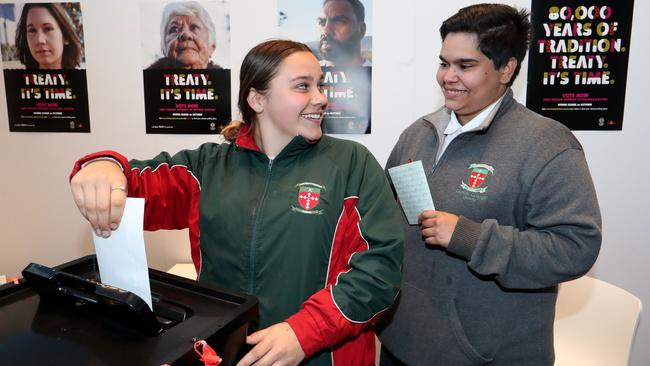 ‘It’s going to affect my children and generations to come’ ... Bri Apma-Hayes, 16, and Wadi Corstorphan, 18, cast their treaty votes at Geelong Library. Picture: David Geraghty