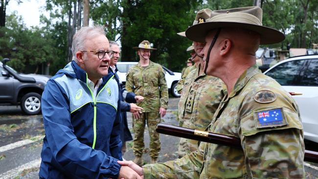 Prime Minister Anthony Albanese during a visit to the Gallipoli Barracks in Brisbane on Sunday. Picture: Pool/Getty Images