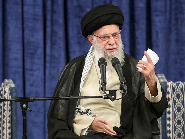 A handout picture provided by the office of Iran's Supreme Leader Ayatollah Ali Khamenei on July 28, 2024, shows him delivering a speech during the official presidential endorsement ceremony of President-elect Masoud Pezeshkian (not pictured). Iran's supreme leader Ayatollah Ali Khamenei gave his official endorsement of reformist Masoud Pezeshkian as the Islamic Republic's ninth President on July 28, ahead of his swearing-in before parliament on July 30. (Photo by KHAMENEI.IR / AFP) / RESTRICTED TO EDITORIAL USE - MANDATORY CREDIT "AFP PHOTO /KHAMENEI.IR" - NO MARKETING NO ADVERTISING CAMPAIGNS - DISTRIBUTED AS A SERVICE TO CLIENTS