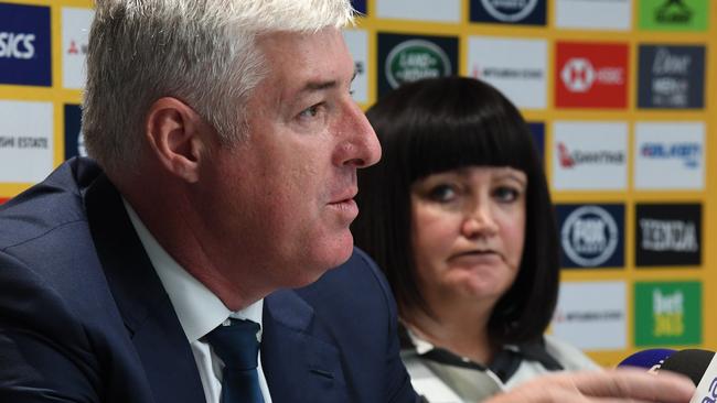 Departing Rugby Australia chairman Cameron Clyne (left) and Chief Executive Raelene Castle. Picture: AAP