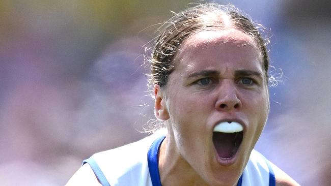 MELBOURNE, AUSTRALIA - DECEMBER 03: Jasmine Garner of the Kangaroos celebrates kicking a goal during the AFLW Grand Final match between North Melbourne Tasmania Kangaroos and Brisbane Lions at Ikon Park, on December 03, 2023, in Melbourne, Australia. (Photo by Quinn Rooney/Getty Images) *** BESTPIX ***