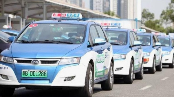 BYD electric taxis lined up in the Chinese city of Shenzen. Picture: Supplied