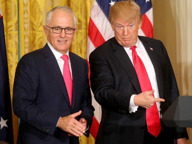 Double act. Malcolm Turnbull and Donald Trump at the end of their press conference. Picture: Nathan Edwards