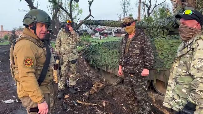 Yevgeny Prigozhin talks to his fighters in Bakhmut in May. Picture: AFP.