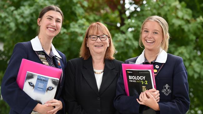 Our Lady of Mercy College principal Judith Weir with College Captains Catherine Tootell and Eliza Corcoran. Picture: Josie Hayden