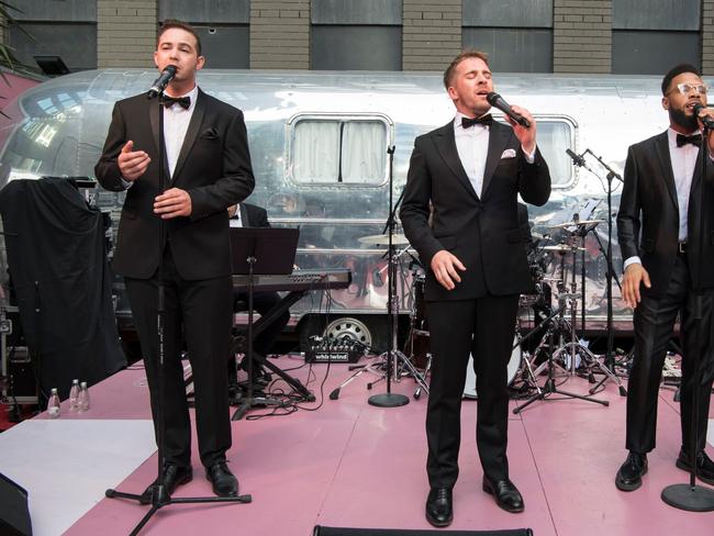 Hugh Sheridan performs with the Californian Crooners at the Qantas Dreamliners launch. Picture: Supplied/James Morgan