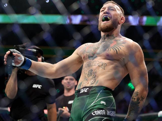 Conor McGregor takes the octagon for a lightweight bout against Dustin Poirier during the UFC 264 main event at T-Mobile Arena in Las Vegas on July 10, 2021. (Erik Verduzco/Las Vegas Review-Journal/Tribune News Service via Getty Images)