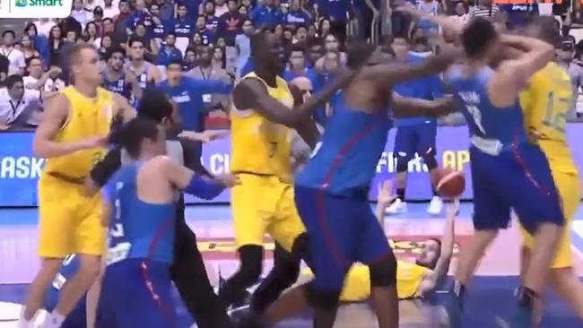 Blatche launches an overhand right, but it misses.