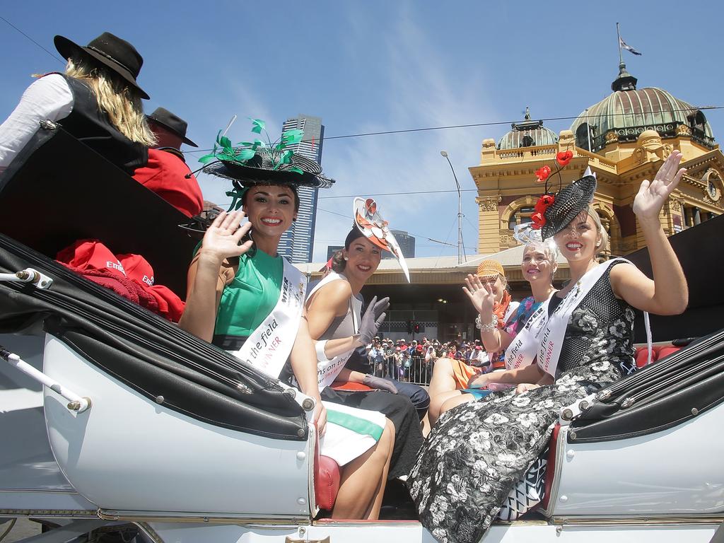 Participants from Fashions On The Field take part in the 2014 Melbourne Cup parade on November 3, 2014 in Melbourne, Australia. Picture: Getty