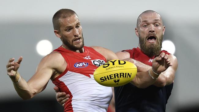 Sam Reid and Max Gawn battle it out. Picture: Ian Hitchcock/Getty Images