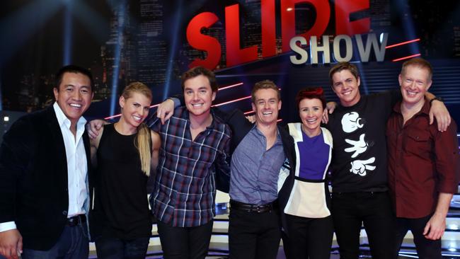 Grant Denyer with Aussie personalities Anh Do, Tiffany Hall, Geoff Paine, Cal Wilson, Johnny Ruffo and Toby Truslove. Picture: Seven