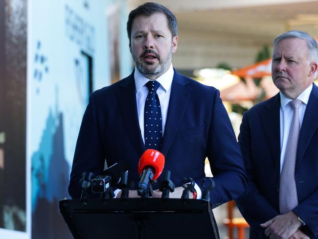 Ed Husic speaks during a press conference with Anthony Albanese. Picture: NCA Newswire / Gaye Gerard