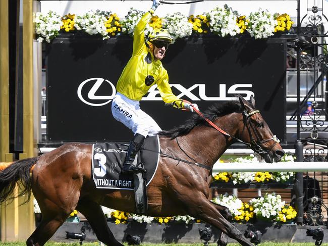 Without A Fight (IRE) ridden by Mark Zahra wins the Lexus Melbourne Cup at Flemington Racecourse on November 07, 2023 in Flemington, Australia. (Photo by Brett Holburt/Racing Photos via Getty Images)