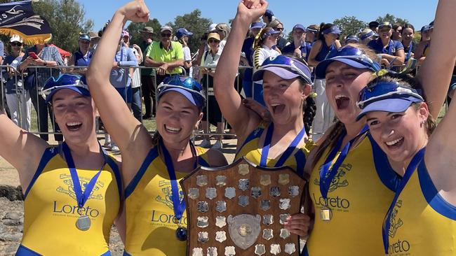 The winning Loreto College Division 1 open crew who won the Head of the Lake. Meg Lynch, Isabella Rossato, Eliza Dodd, Olive Lanyon, Mia McTigue. Picture: Shane Jones.