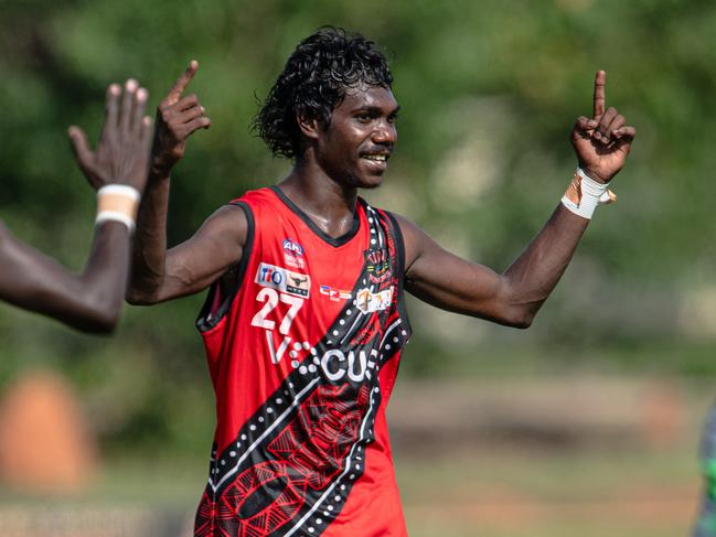 Dwayne Kerinaiua playing in the Wanderers v the Tiwi Bombers match in Round 13 of the 2024-25 NTFL season. Picture: Pema Tamang Pakhrin