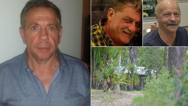 Nambour man Bruce Saunders (left) died at a Goomboorian property in November 2017. Gregory Roser (top left) and Peter Koenig (top right) have faced court this week charged with Mr Saunders' alleged murder. Photos: Contributed