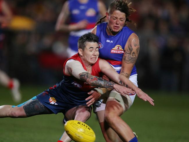 McIntosh in action for Melbourne in last year’s exhibition match against the Western Bulldogs.Picture: Michael Klein