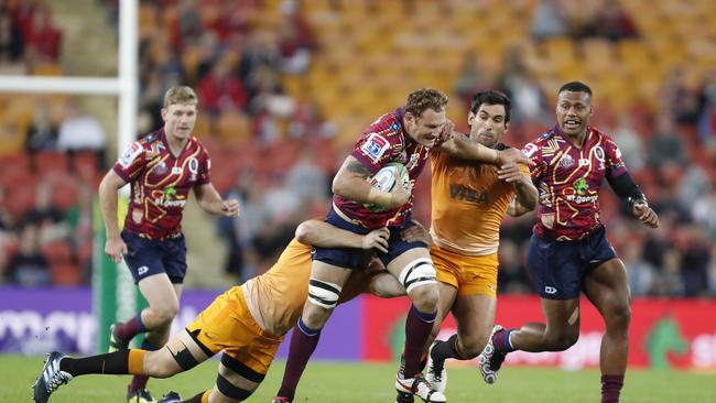 Scott Higginbotham of the Queensland Reds on the attack during a Super Rugby match in 2019. Picture: AAP