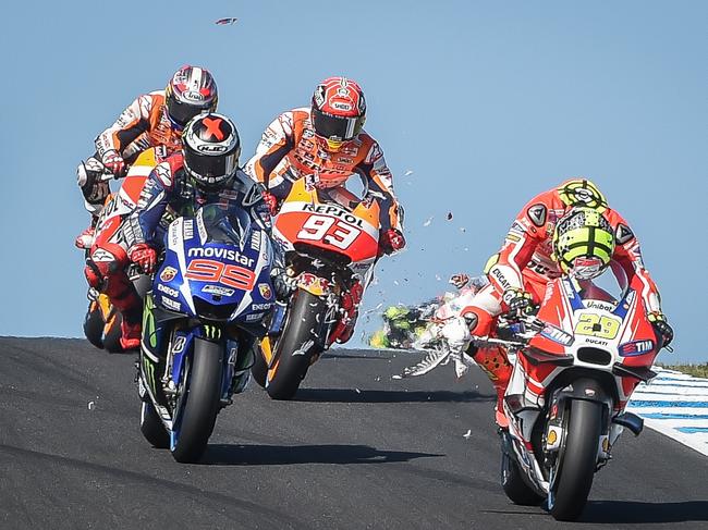 Andrea Iannone hits a seagull at the 2015 Australian Motorcycle Grand Prix.