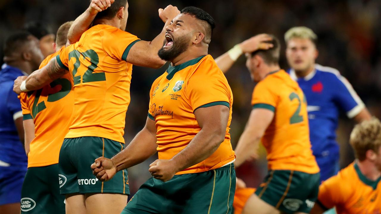 Taniela Tupou of the Wallabies celebrates victory during the International Test Match between the Australian Wallabies and France at Suncorp Stadium on July 17, 2021 in Brisbane, Australia. (Photo by Kelly Defina/Getty Images)