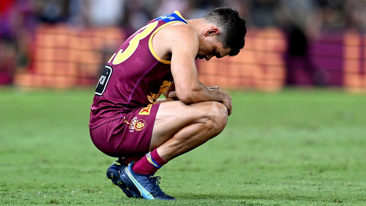 BRISBANE, AUSTRALIA – MARCH 08: Charlie Cameron of the Lions looks dejected after his team loses the AFL Opening Round match between Brisbane Lions and Carlton Blues at The Gabba, on March 08, 2024, in Brisbane, Australia. (Photo by Bradley Kanaris/Getty Images)