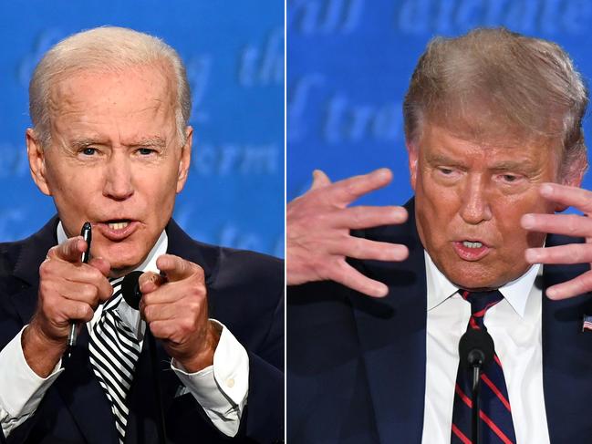 (FILES)(COMBO) This combination of file pictures created on September 29, 2020 shows Democratic Presidential candidate and former US Vice President Joe Biden (L) and US President Donald Trump speaking during the first presidential debate at the Case Western Reserve University and Cleveland Clinic in Cleveland, Ohio on September 29, 2020. - It's been a race like no other: held amid the coronavirus pandemic, economic turmoil, and a national reckoning on race -- and after four turbulent years with Donald Trump as president. Campaign 2020 has also featured a language all its own. Herewith is a look at the lexicon of the battle for the White House between Trump and Democrat Joe Biden, from A to Z. A -- America First. A top Trump mantra. He coined it in the 2016 campaign and still hammers away at it, in word and deed, nearly four years later. (Photos by Jim WATSON and SAUL LOEB / AFP)