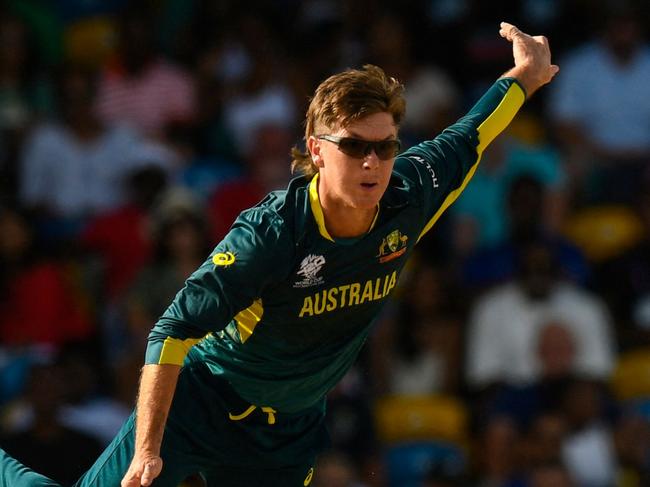 Australia's Adam Zampa bowls during the ICC men's Twenty20 World Cup 2024 group B cricket match between Australia and England at Kensington Oval in Bridgetown, Barbados, on June 8, 2024. (Photo by Randy Brooks / AFP)