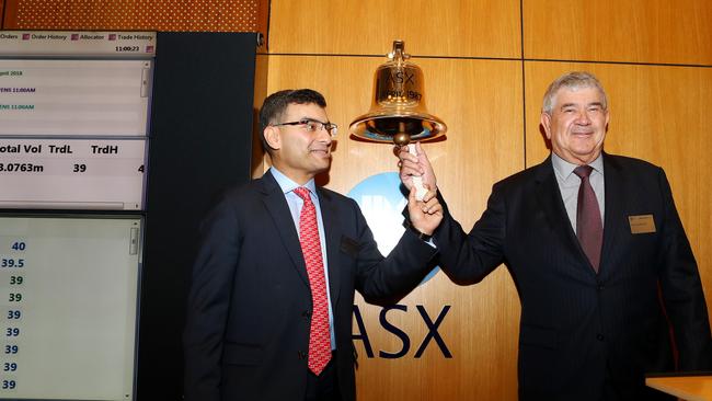 Jupiter Mines CEO Priyink Thapliyal and chairman Brian Gilbertson at its listing in 2018. Picture: Hollie Adams/The Australian.