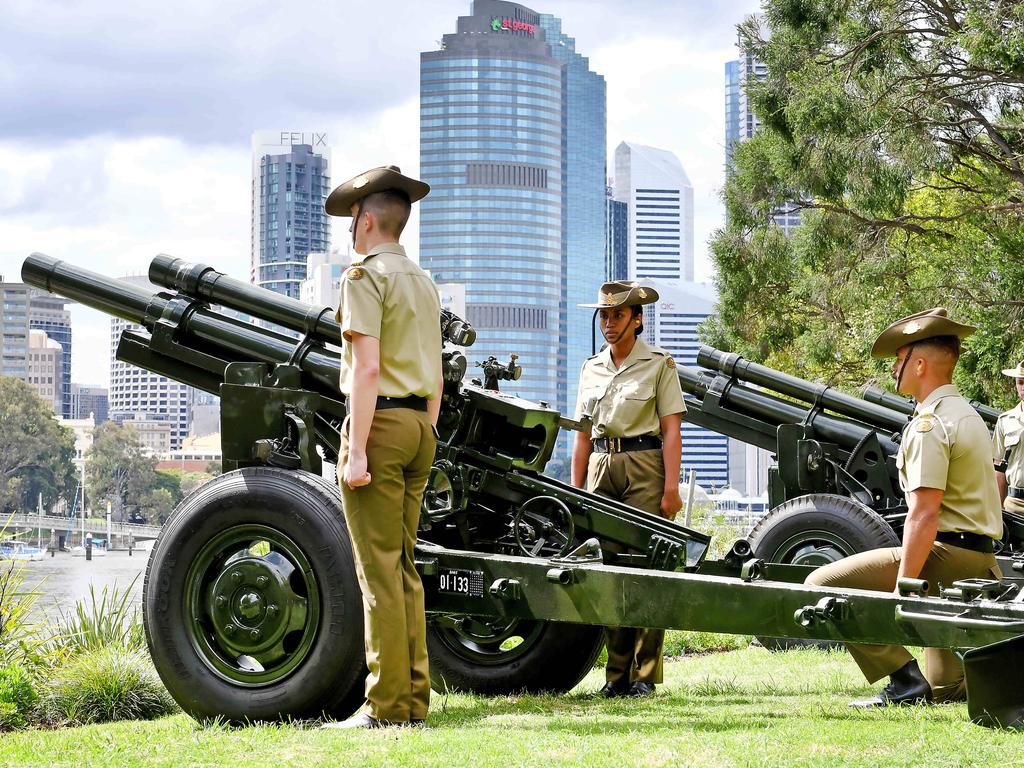 A Vice Regal Salute of 19 guns (Under the Kangaroo Point cliffs) for the swearing-in of the 27th Governor of Queensland. Picture, John Gass
