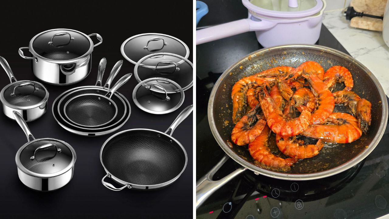 13PC HexClad Hybrid Cookware Set w/ Lids. (left and the HexClad 30 cm Pan (right). Picture: Supplied/Tahnee-Jae Lopez-Vito.