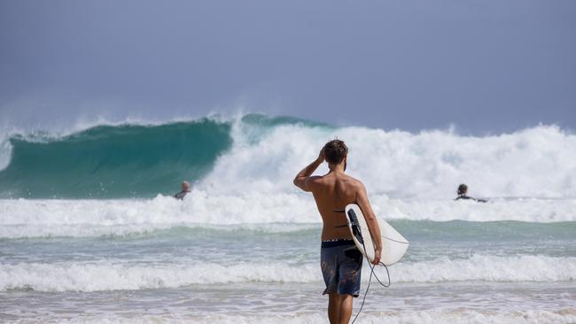 Surfers enjoying the larger swell at Snapper Rocks on Sunday 2 January 2022. Picture: Jerad Williams