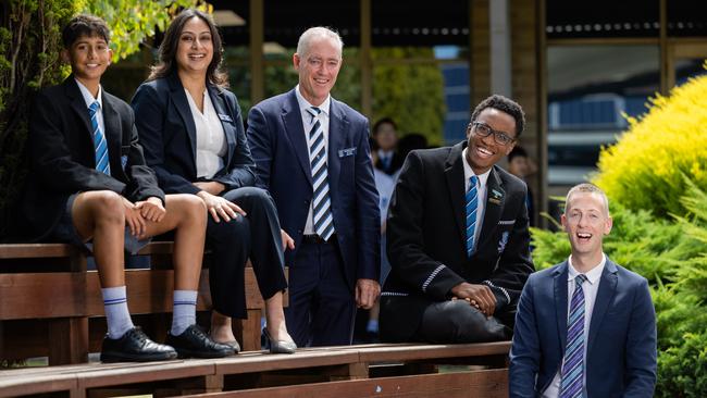 Principal Dr Paul Shannon with Divya Shangari (Dean of Staff) and Jed Harrington (Faculty Head Junior School English) and students James Bhusal (Year 8) and Chibuikem Anyadoro (Year 11). Picture: Herald Sun