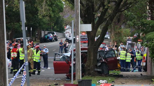 Up to five people have been injured after a suspected stolen car crashed into a tree in Cammeray. Picture: OnScene Bondi