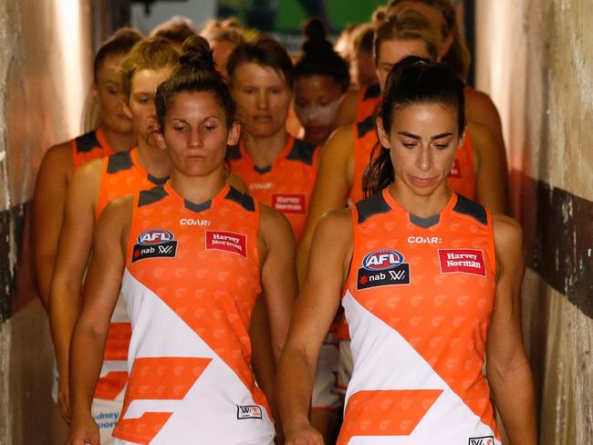 MELBOURNE, AUSTRALIA - FEBRUARY 11: Amanda Farrugia of the Giants leads the team out of the race during the 2017 AFLW Round 02 match between the Carlton Blues and the GWS Giants at Ikon Park on February 11, 2017 in Melbourne, Australia.