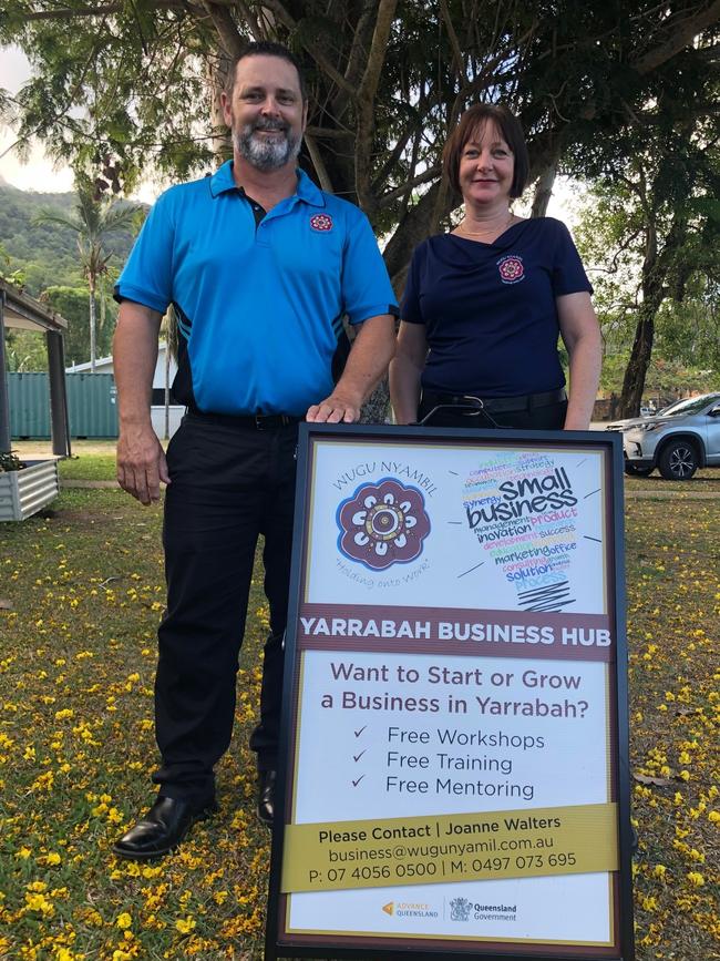 Joanne Walters and General Manager of the Yarrabah Business Hub, Wugu Nyambil, Robert Friskin. Picture: Supplied