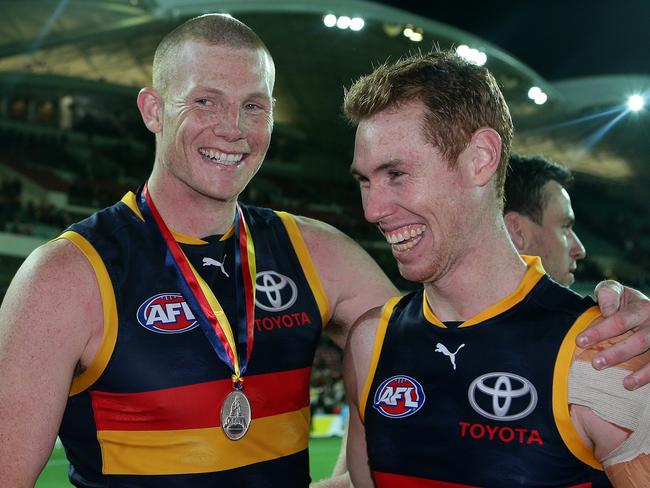 Adelaide Crows’ Sam Jacobs and Tom Lynch all smiles after a Showdown win. Picture: SARAH REED