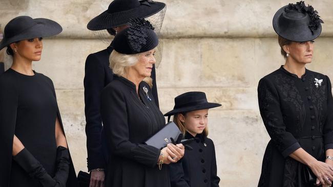 Meghan with Camilla, Queen Consort, Princess Charlotte and Sophie, Countess of Wessex. Picture: Christopher Furlong/Getty Images