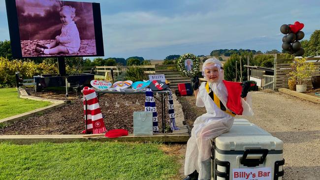 SEE YA, POP: Asher Anderson, 6, sitting on top of “Billy’s Bar” at his grandfather’s drive-through funeral in Mount Gambier. Picture: SUPPLIED