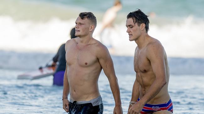 Adam Treloar and Darcy Moore on the Gold Coast. Picture: Jerad Williams