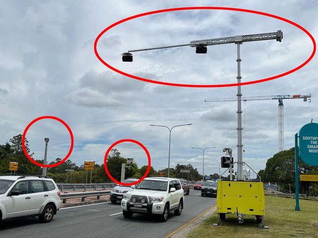 A mobile phone and seatbelt offence detection camera pictured on the Gold Coast Highway in Southport on Wednesday January 25, 2023. Picture: Keith Woods.